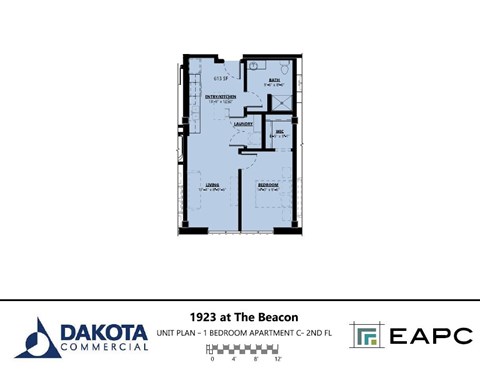 Floor plan for 1 bed, 1 bath, 613 sqft